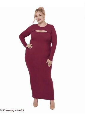 Burgundy Long Sleeve Cutout Bodycon Maxi Dress